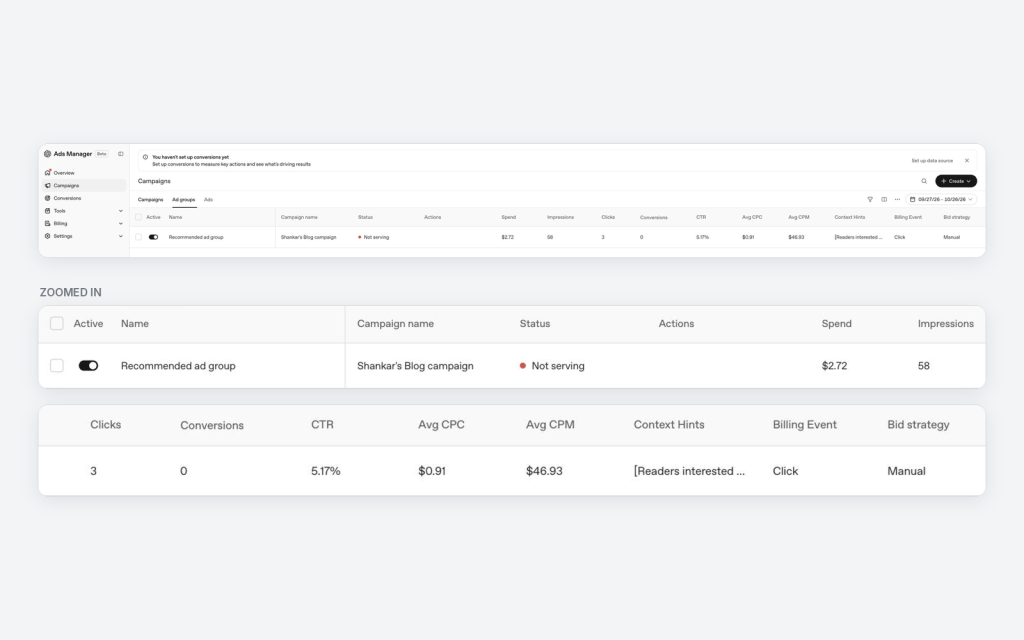Screenshot of Ads Manager interface showing campaign details, including ad group status, spend, impressions, clicks, conversions, and other performance metrics.