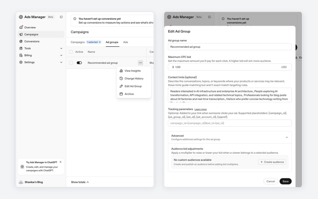 Screenshot of Ads Manager interface displaying ad group settings, including fields for ad group name, maximum CPC bid, context hints, tracking parameters, and audience bid adjustments.