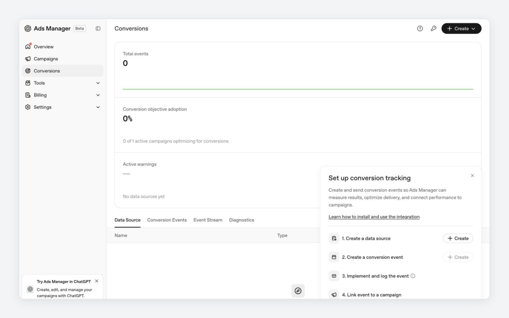 Screenshot of Ads Manager interface displaying conversion tracking metrics, including total events and conversion objective adoption, with options for setting up data sources and event tracking.
