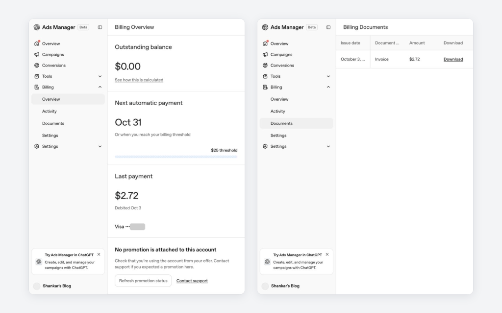 Screenshot of Ads Manager interface showing billing overview, including outstanding balance, next automatic payment date, last payment details, and billing documents section.
