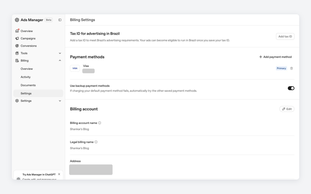 Screenshot of Ads Manager billing settings, displaying tax ID requirements for Brazil, payment methods including a Visa option, and billing account details.