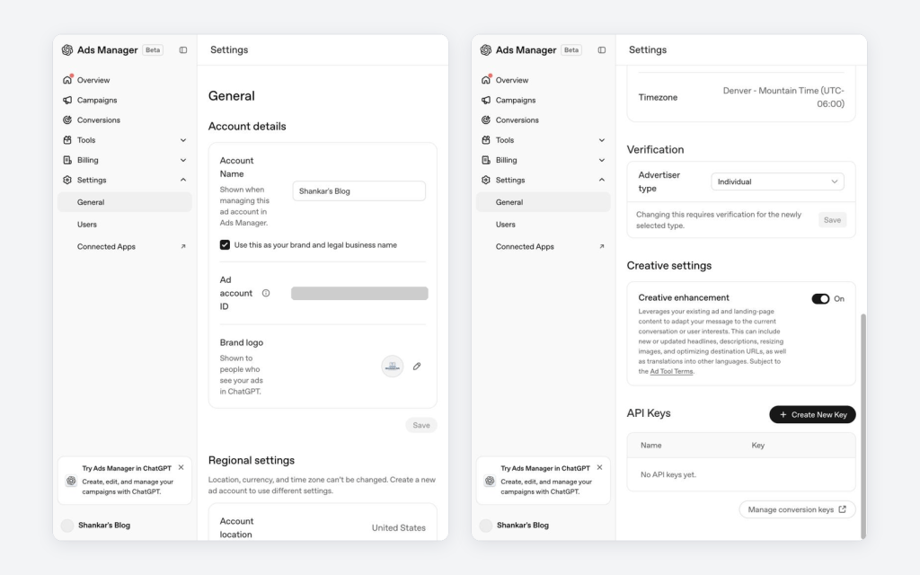 Screenshot of an Ads Manager interface displaying settings options, including account details, verification type, creative settings, and API keys.